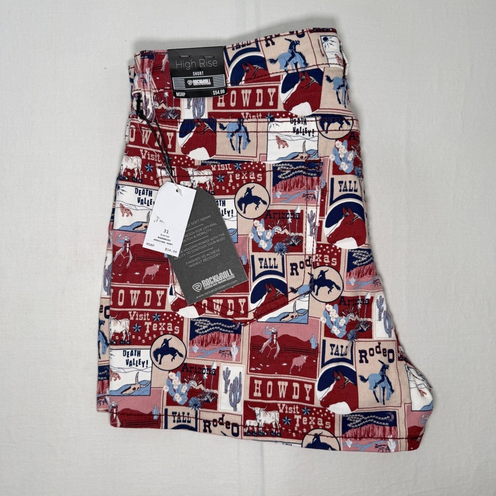 NWT Rock Roll Denim High Rise Western Texas Print Shorts Women's 31 Rodeo